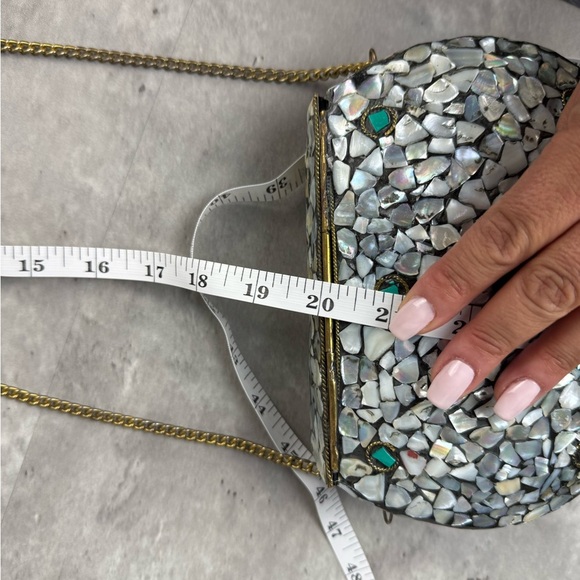 Boho Mosaic Stone Clutch Purse – Mother of Pearl, Turquoise & Brass, Handmade - Picture 8 of 11